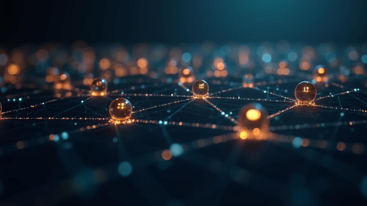 Abstract global supply chain network nodes in dark mode blue and gold